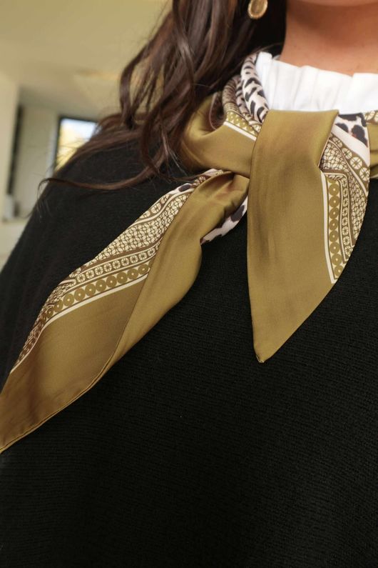 Leopard & Tile Border Triangle Silk Neckerchief Olive